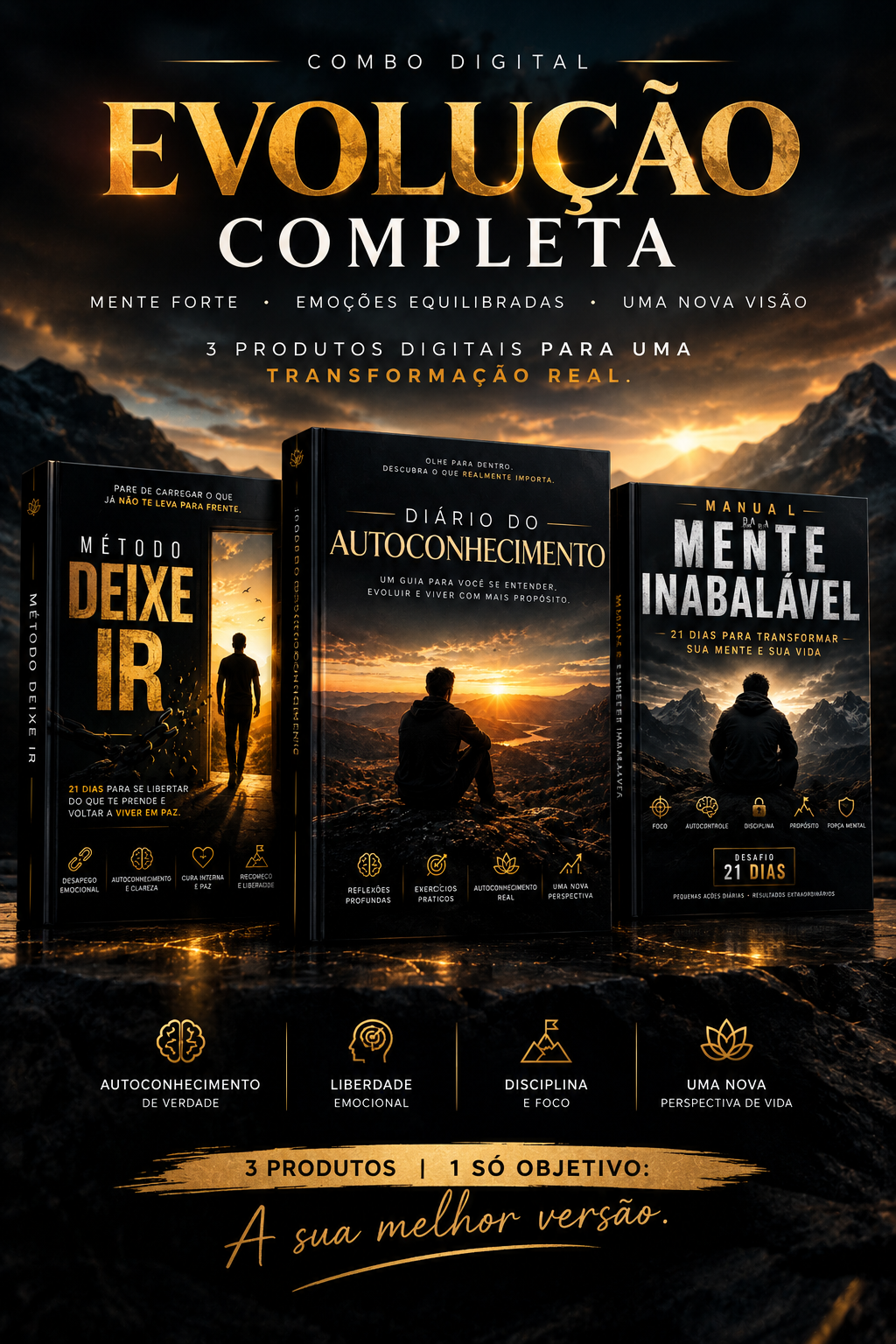 Mockup dos 3 ebooks do Combo Evolução Completa em livros digitais e tablet